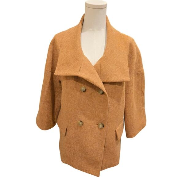 Talbots Peacoat 100% Wool Double Breast Front Pockets Tan Jacket Womens Size 10 - Picture 1 of 11